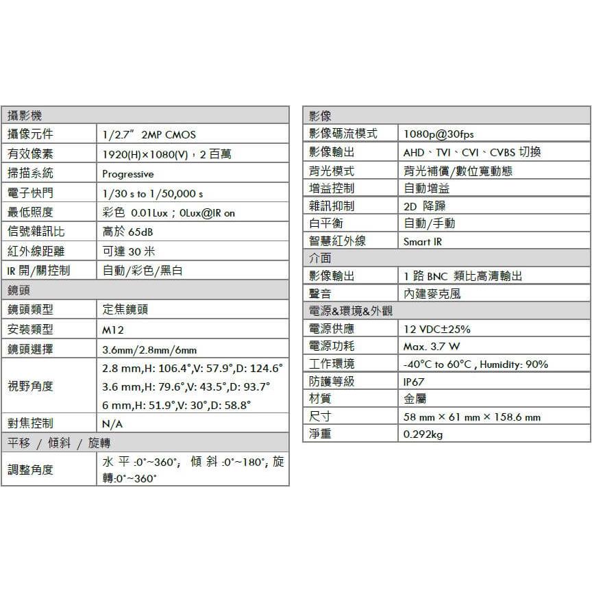 【紅海監控】高清 200萬 紅外線 聲音 槍型 防水 攝影機 AHD 1080P  海康TVI 同軸音頻 監視器-細節圖3