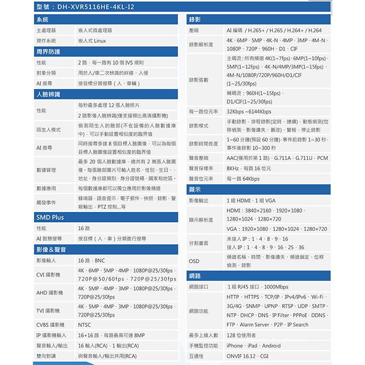 現貨 DH-XVR5116HE-4KL-I2 大華 800萬 16路主機 16聲 DVR 8MP 人臉偵測 監視器主機-細節圖3