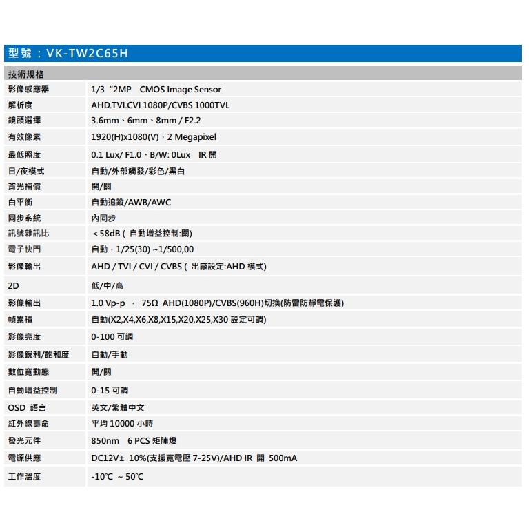 【紅海】VK-TW2C65H 聲寶 SAMPO 1080P 紅外線 半球室內攝影機 AHD 監視器攝影機-細節圖5