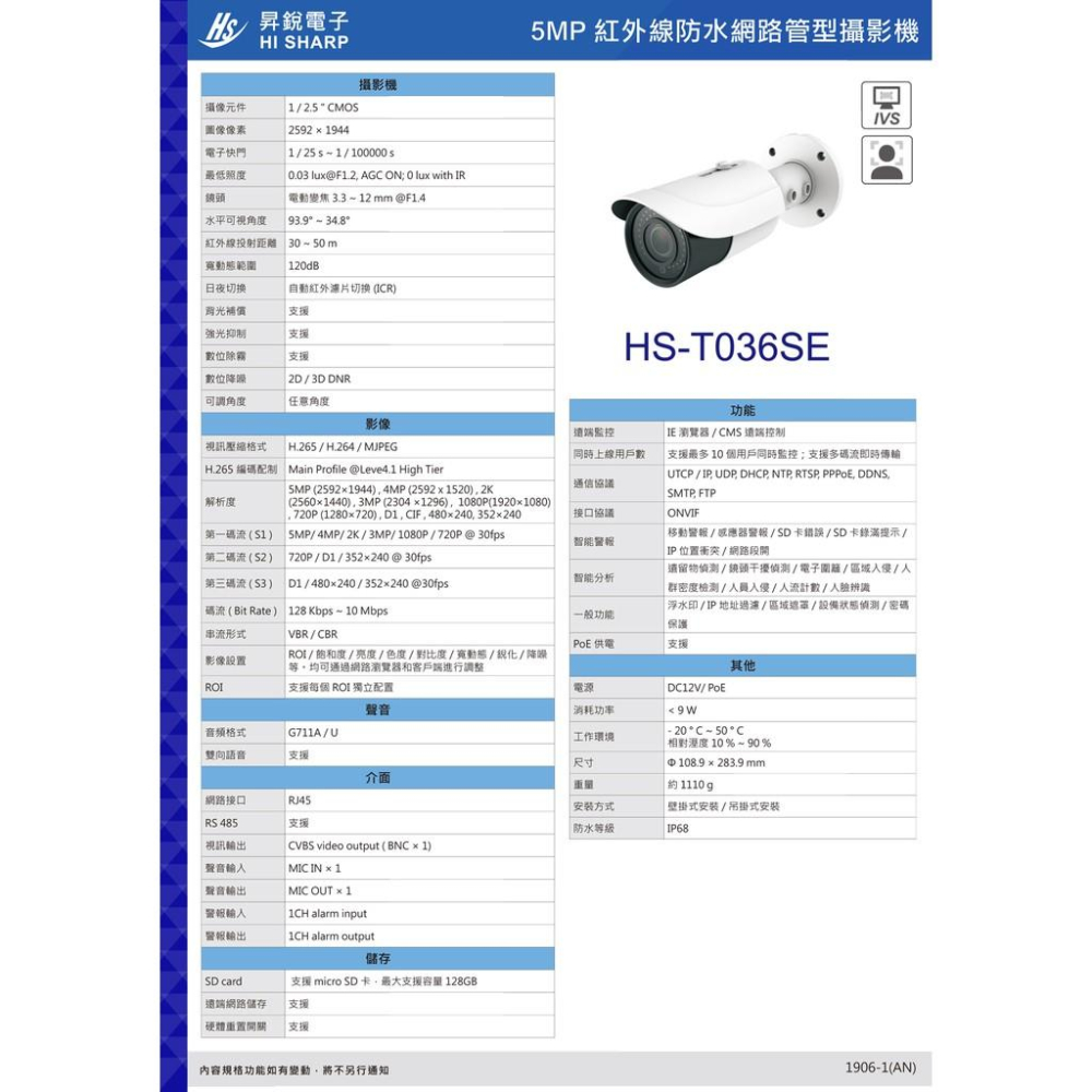 【紅海監控】昇銳HI-SHARP HS-T036SE 500萬畫素電動變焦槍型人臉辨識網路攝影機-細節圖2