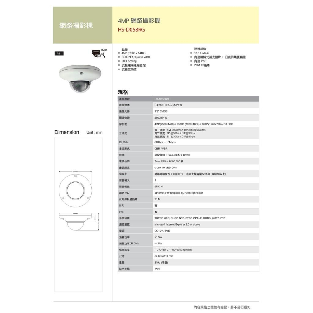 【紅海監控】 昇銳 Hi-Sharp HS-D058RG 400萬畫素20米紅外線半球型網路攝影機-細節圖2