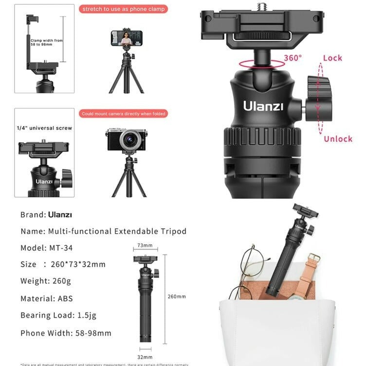 三重☆大人氣☆ Ulanzi MT-34 手機 微單 可延長 三腳架 自拍桿 Vlog-細節圖6