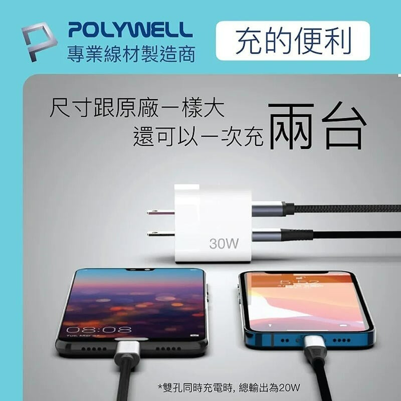 三重☆大人氣☆ POLYWELL 寶利威爾 PD 30W 雙孔 Type-C USB 快充 插頭 充電器 BSMI認證-細節圖4