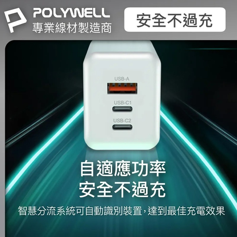 三重☆大人氣☆ POLYWELL 65W 三孔 PD 快充頭 雙USB-C+USB-A充電器 GaN氮化鎵 BSMI-細節圖5