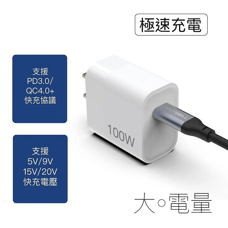 ☆大人氣☆POLYWELL 寶利威爾 USB 3.1 3.2 Gen2 10G 100W Type-C 高速 充電線-細節圖2