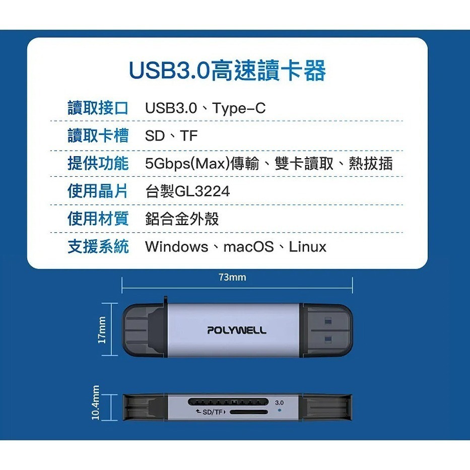 三重☆大人氣☆ POLYWELL USB3.0 SD TF 高速 讀卡機 USB-A Type-C 雙插頭 附掛繩-細節圖9