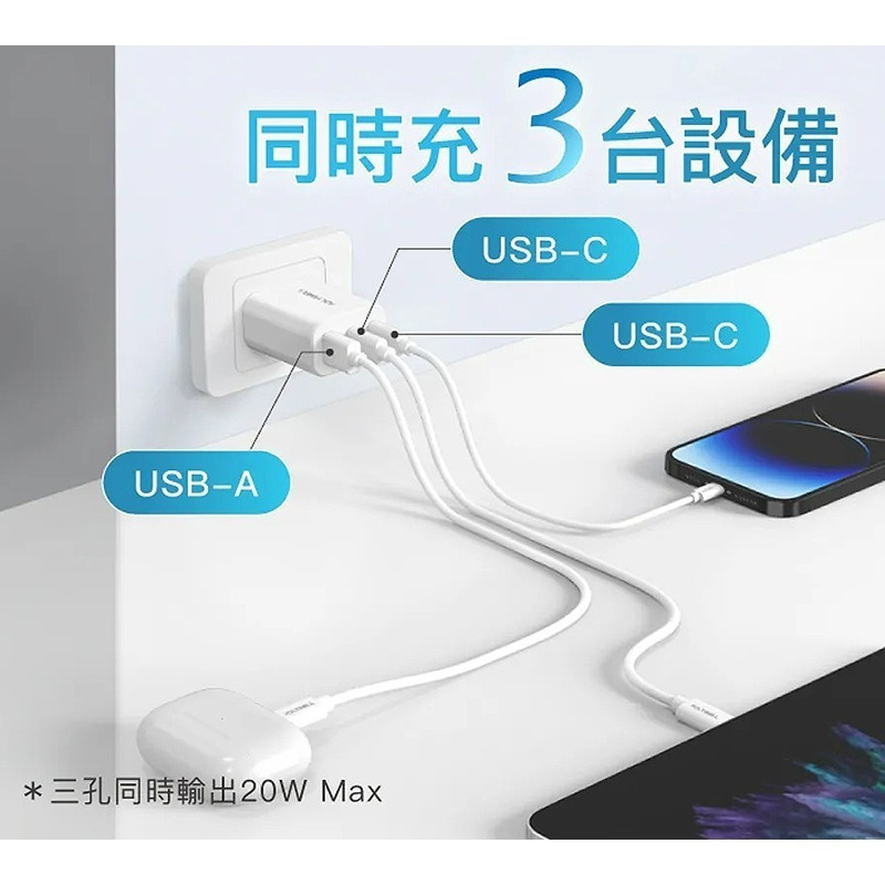 三重☆大人氣☆ POLYWELL 寶利威爾 30W 三孔 PD 快充頭 雙USB-C+USB-A充電器 GaN氮化鎵-細節圖2