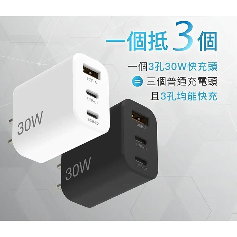 三重☆大人氣☆ POLYWELL 寶利威爾 30W 三孔 PD 快充頭 雙USB-C+USB-A充電器 GaN氮化鎵-細節圖3