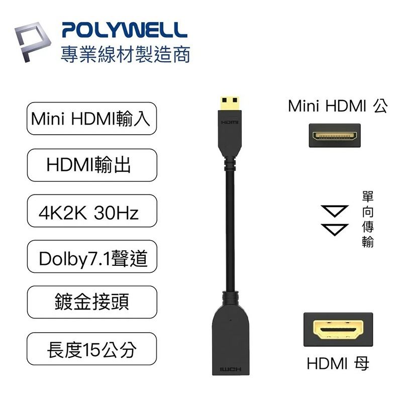 三重☆大人氣☆ POLYWELL 寶利威爾 Mini HDMI 轉 HDMI 轉接線 4K2K C-Type HDMI-細節圖2