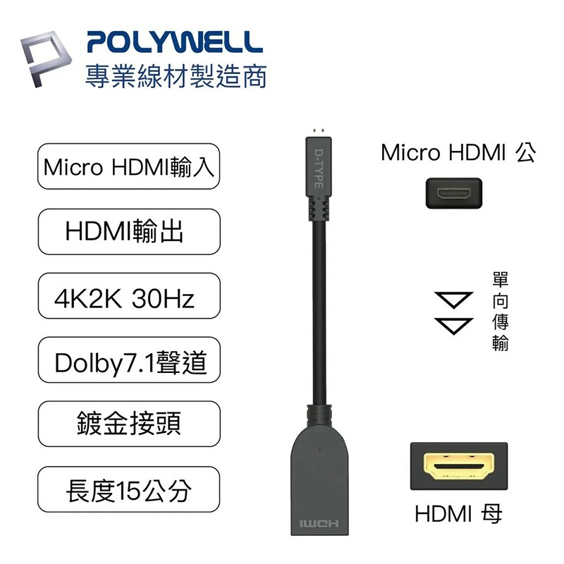 三重☆大人氣☆ POLYWELL Micro HDMI 轉 HDMI 轉接線 4K2K D-Type HDMI 傳輸線-細節圖2