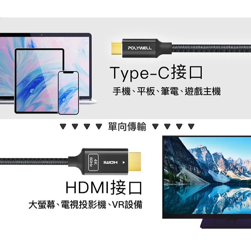 三重☆大人氣☆ POLYWELL Type-C 轉 HDMI 4K 影音傳輸線 1米~3米 轉接線 鋁合金 帶編織-細節圖6