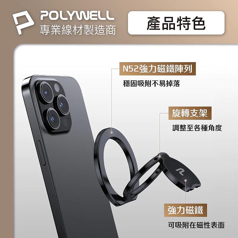 三重☆大人氣☆ POLYWELL MagSafe 鋁合金 多角度 雙面磁吸 手機支架 指環支架-細節圖3