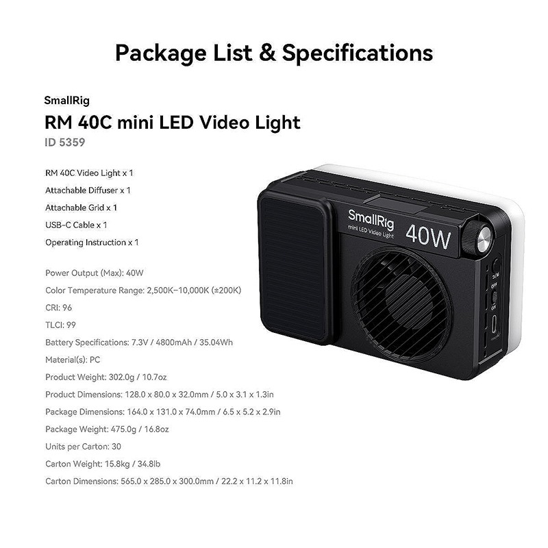 三重☆大人氣☆ SmallRig 5359 RM40C 40W 迷你 LED 補光燈-細節圖10