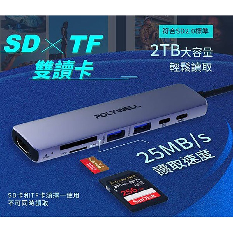 三重☆大人氣☆ POLYWELL Type-C七合一集線器 HUB 100W PD快充 5G HDMI SD TF-細節圖3
