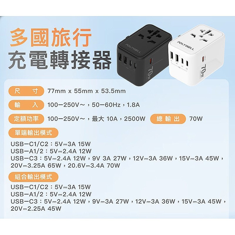 三重☆大人氣☆ POLYWELL 多國旅行 充電 轉接器 70W 萬國旅行充 旅行插頭-細節圖9
