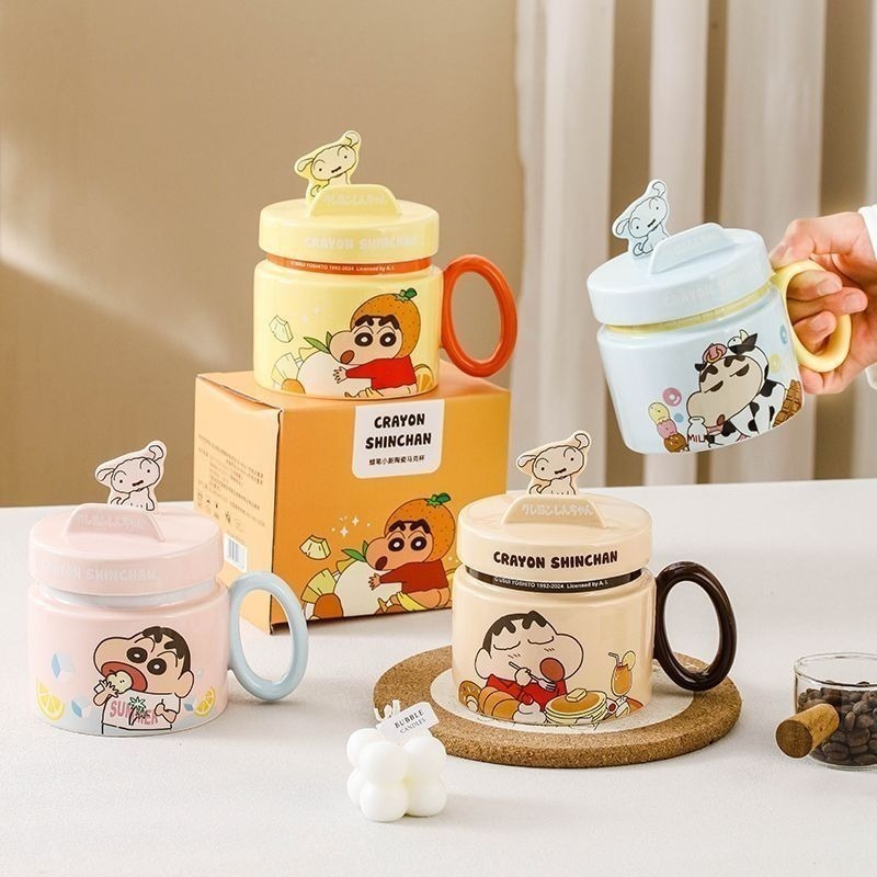 蠟筆小新水杯聯名帶蓋可愛陶瓷馬克杯杯子情侶生日禮物家庭咖啡杯-細節圖2
