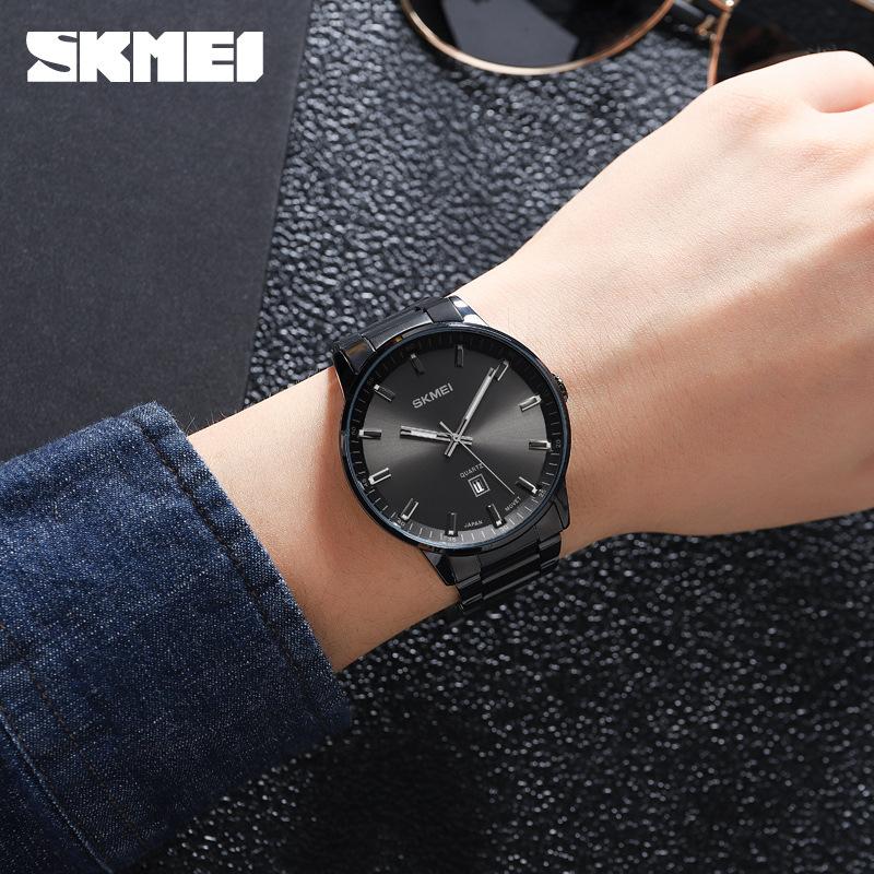 【附鐵盒+牛皮紙盒】SKMEI 時刻美 時尚商務男士石英錶 防水手錶 不鏽鋼錶帶 男士手錶(U1878P)-細節圖2