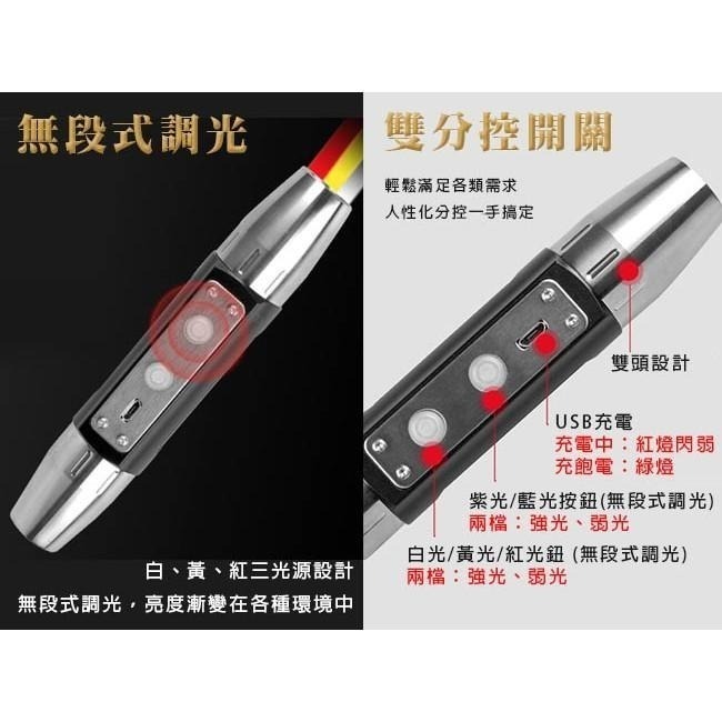 USB不銹鋼鑑寶六光源手電筒(NZL-006)-細節圖4