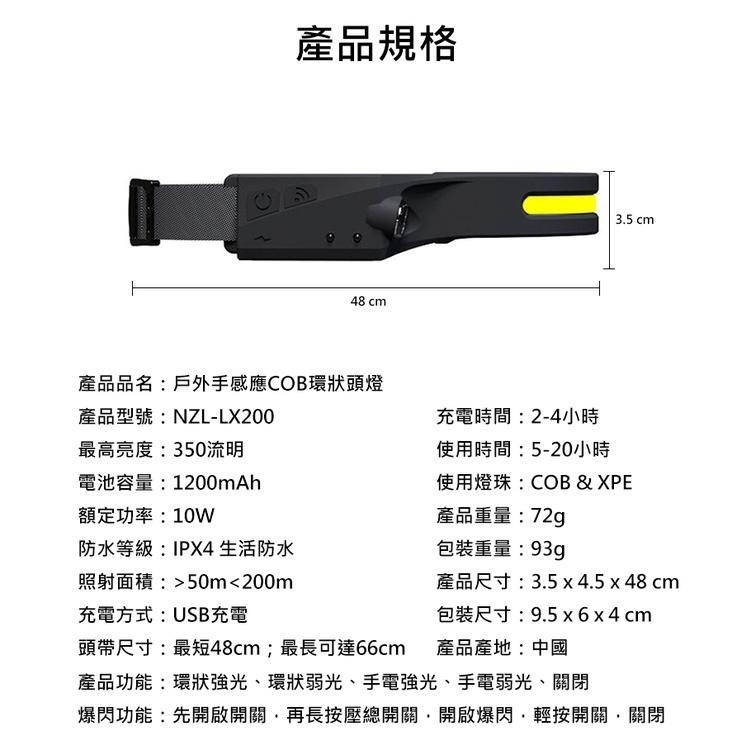 揮手感應頭燈 USB充電 工作頭燈 露營頭燈 COB頭燈 釣魚頭燈 登山頭燈 工作(UNZL-LX200P)-細節圖7