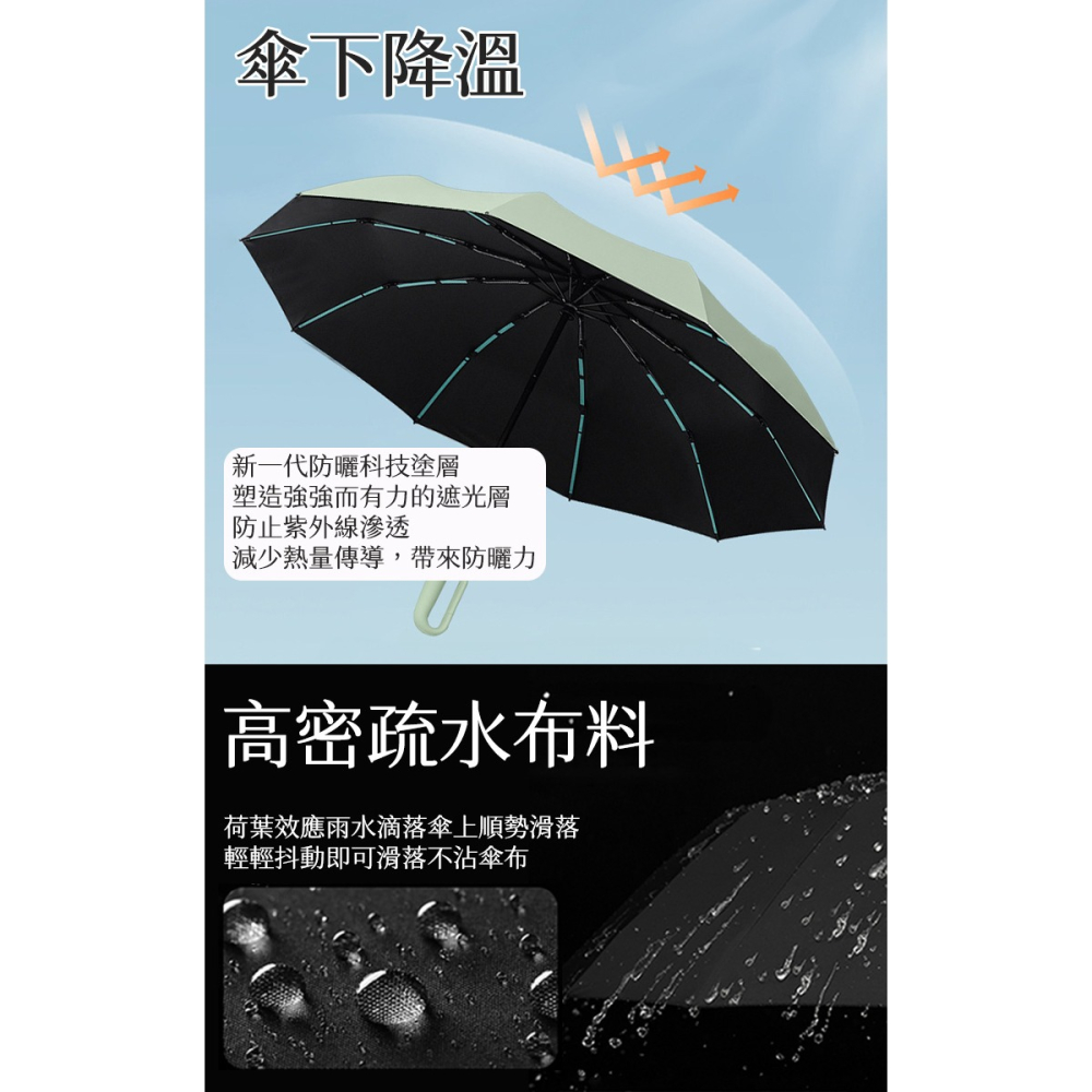10骨防曬環扣黑膠自動雨傘(大傘面 摺疊傘 環扣傘 勾勾傘 三折傘/T-250)-細節圖2