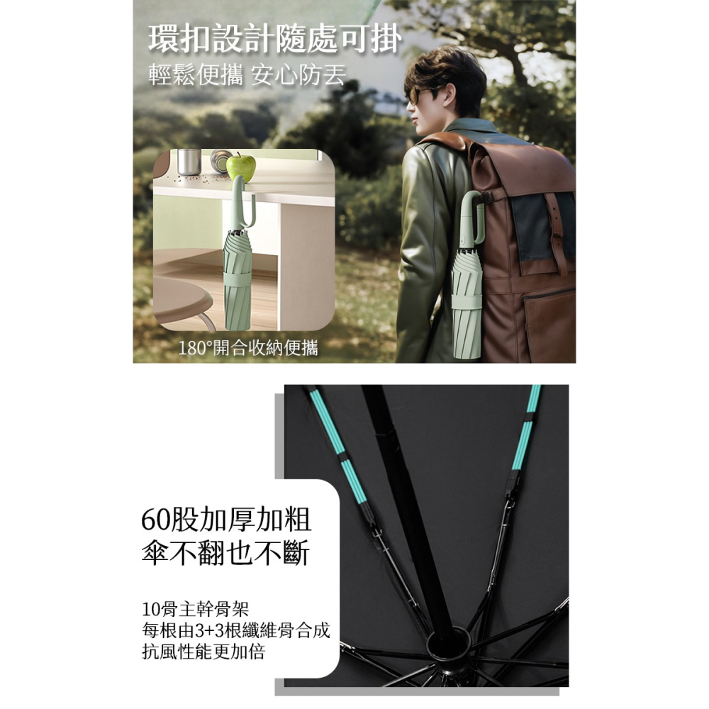 10骨防曬環扣黑膠自動雨傘(大傘面 摺疊傘 環扣傘 勾勾傘 三折傘/T-250)-細節圖4