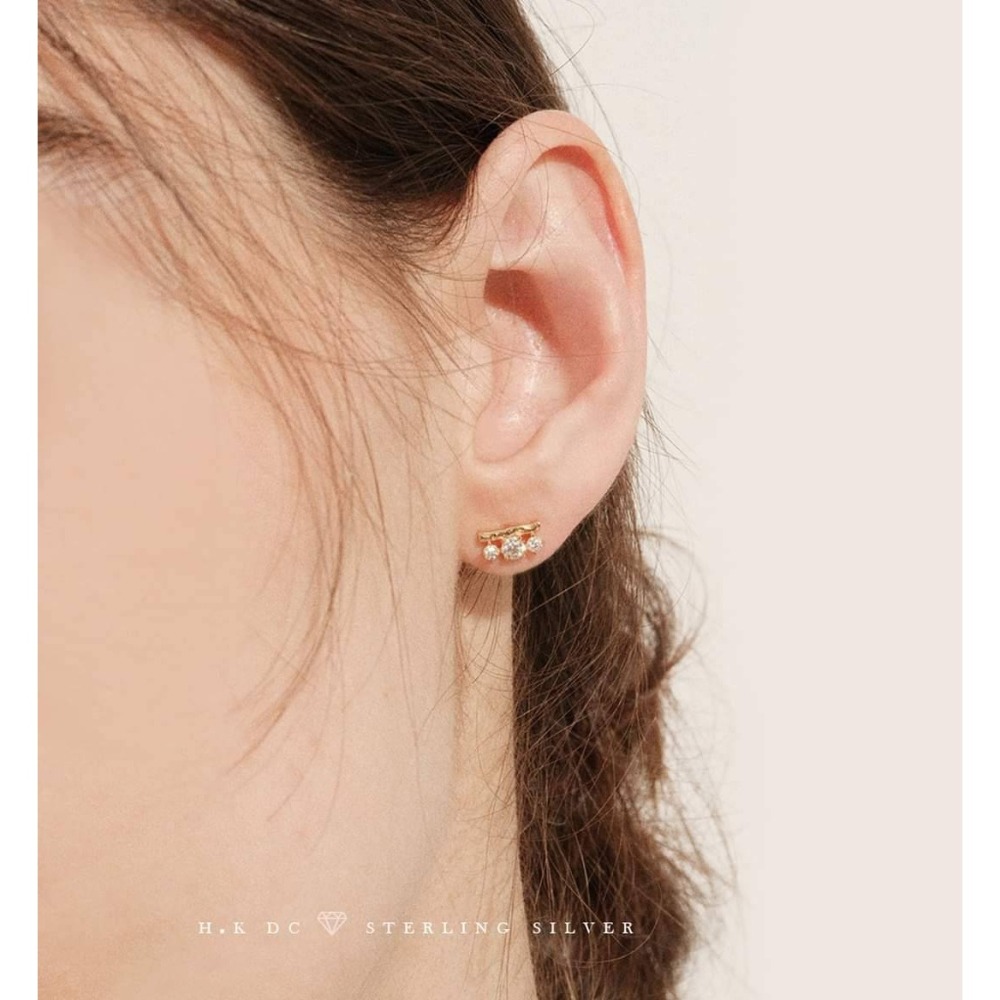 H.K DC925純銀@B100302-韓系三鑽美鑽鋯石耳環(金,銀)-細節圖4