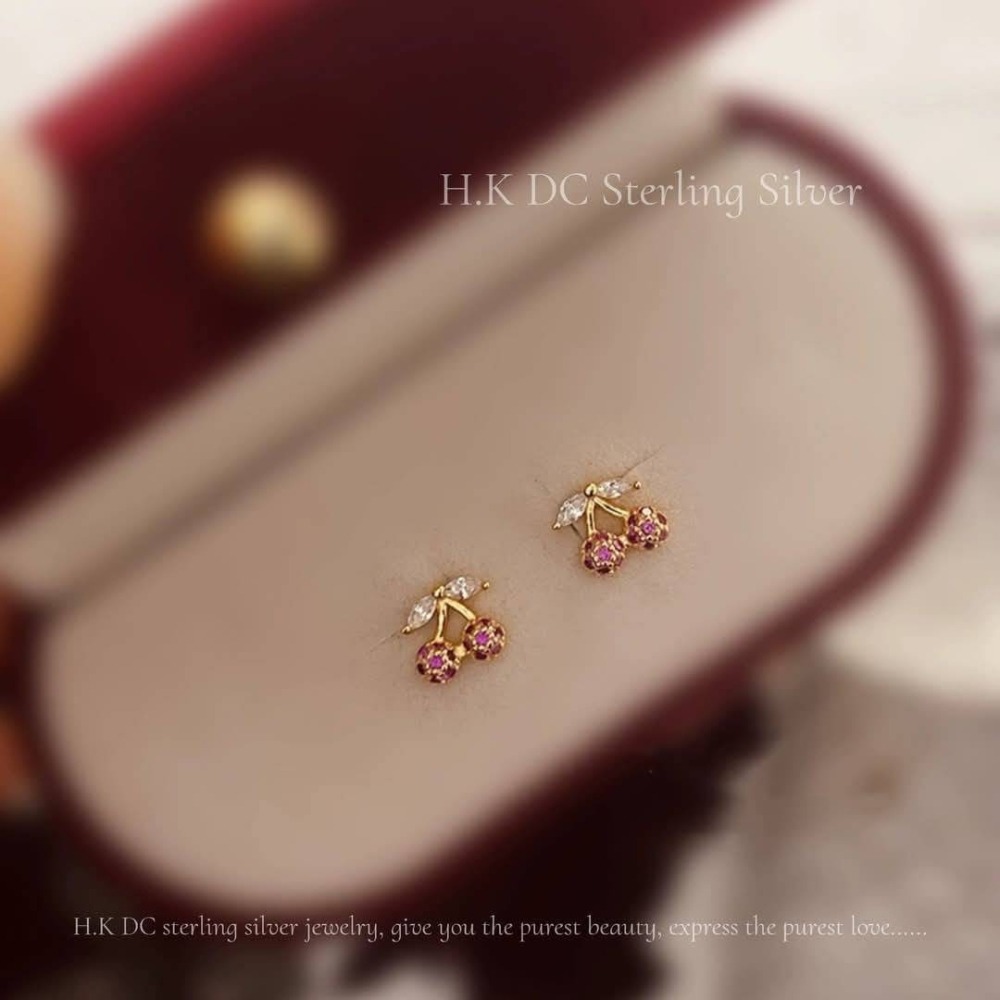 H.K DC925純銀@C0125-櫻桃紅鑽小巧耳環(銀,金)-細節圖2