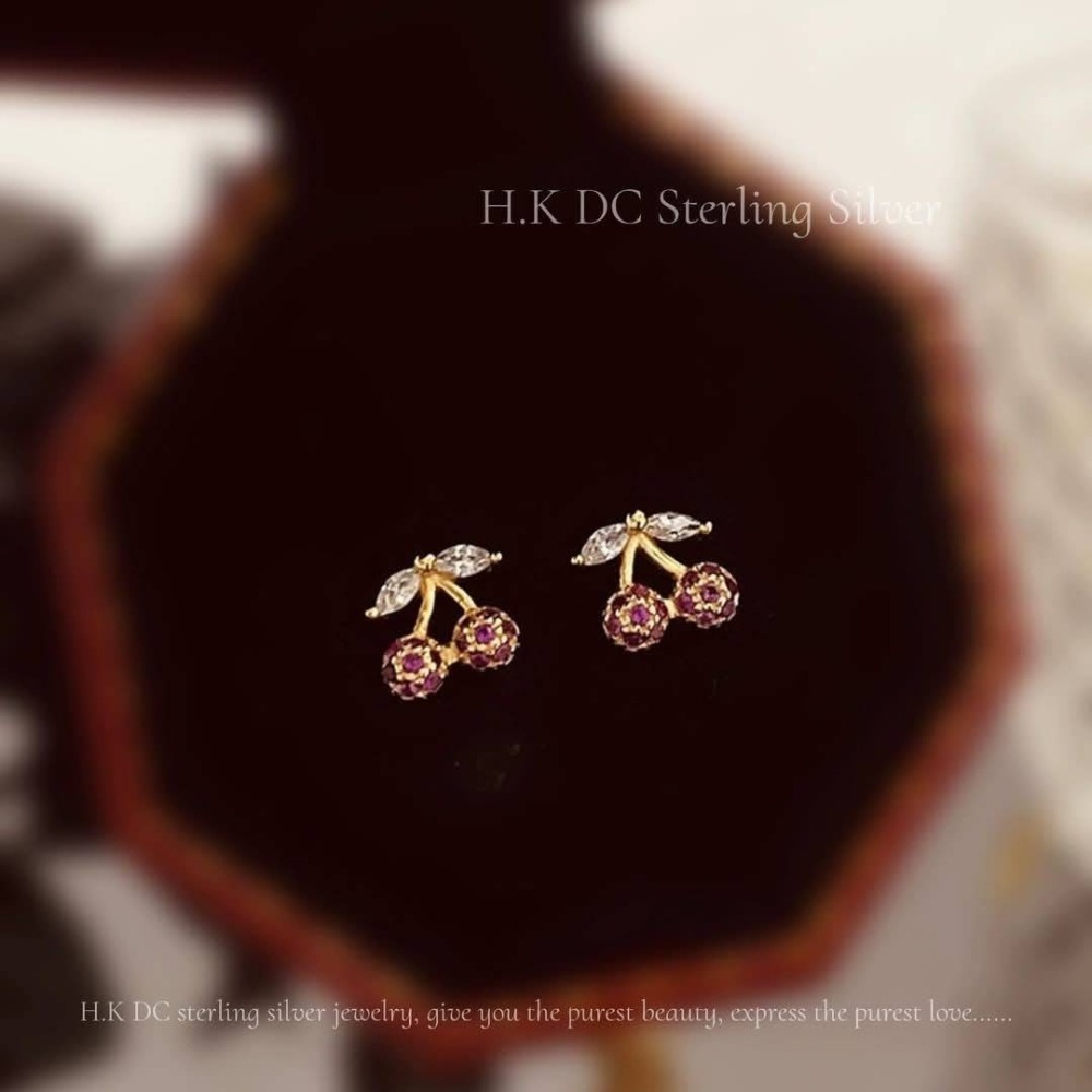 H.K DC925純銀@C0125-櫻桃紅鑽小巧耳環(銀,金)-細節圖3