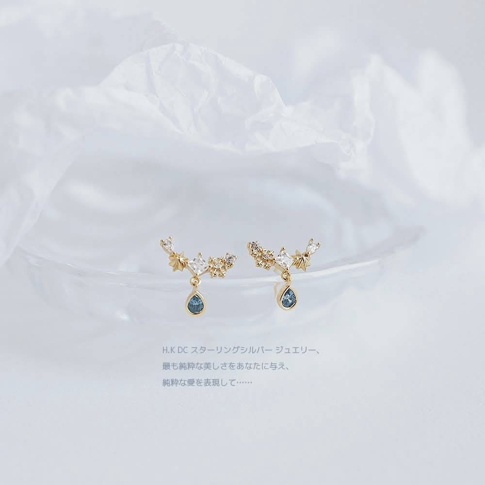 H.K DC925純銀@C0322-人魚靜瑟水藍鑽鋯石耳環(金,銀)-細節圖2