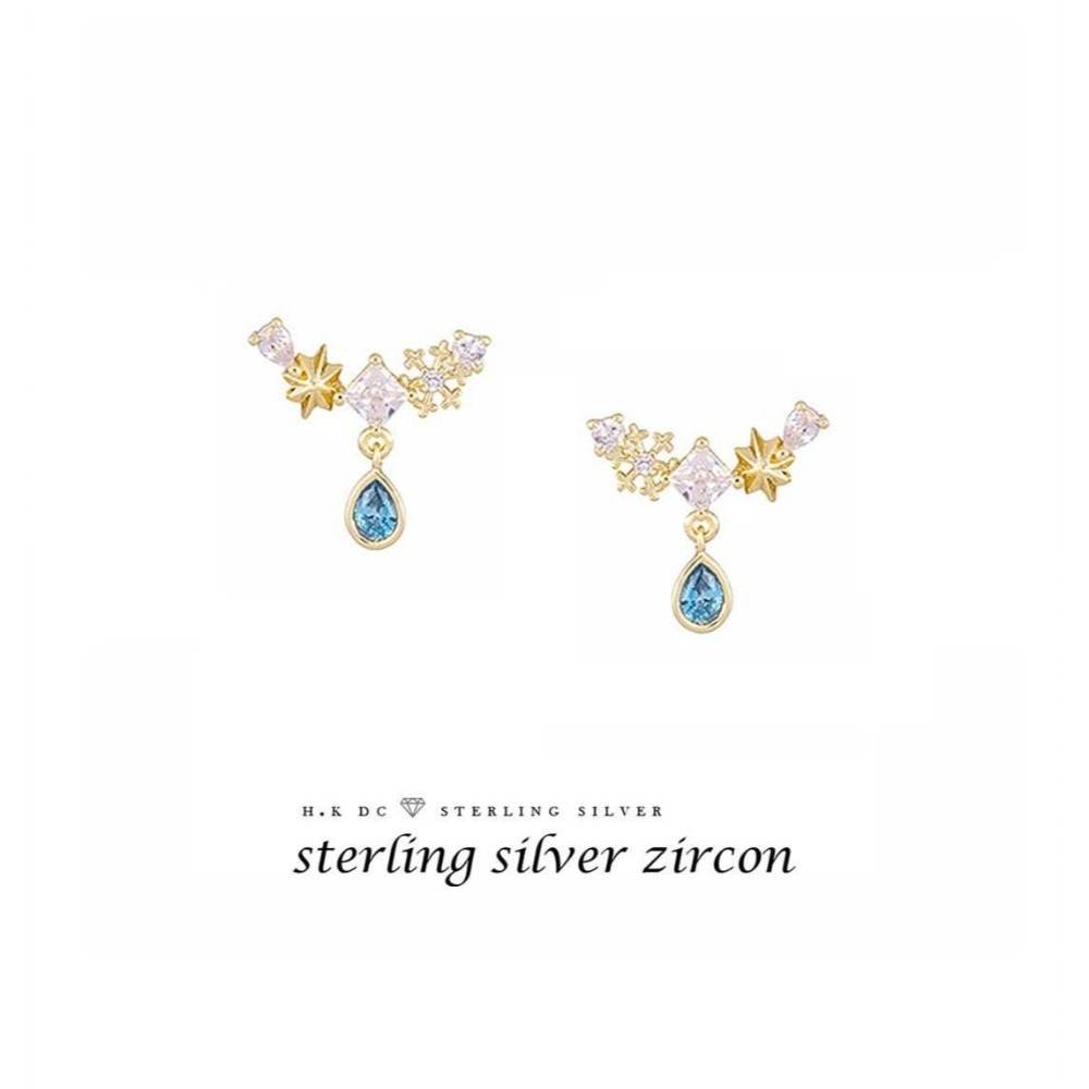 H.K DC925純銀@C0322-人魚靜瑟水藍鑽鋯石耳環(金,銀)-細節圖3