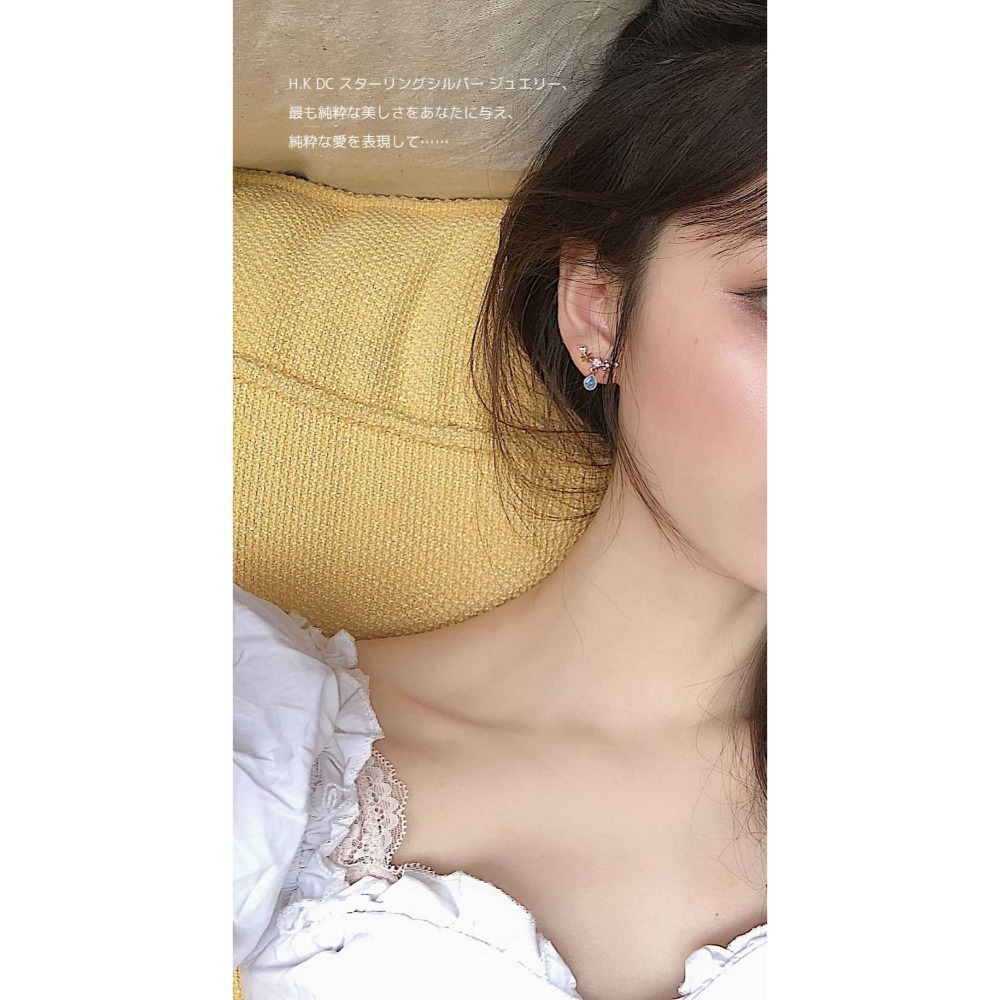 H.K DC925純銀@C0322-人魚靜瑟水藍鑽鋯石耳環(金,銀)-細節圖5