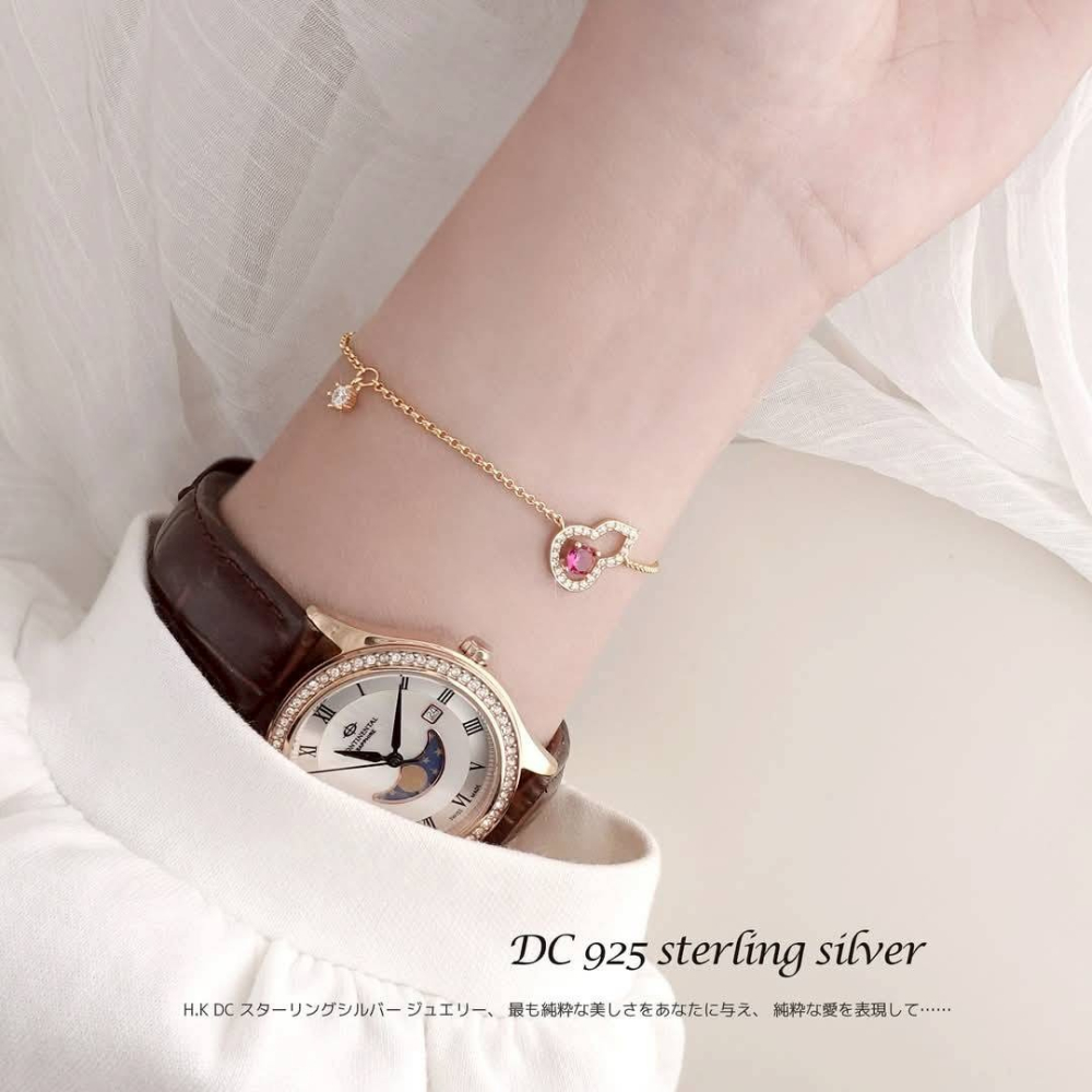 H.K DC925純銀@C0406-14K黃金招福氣葫蘆桃鑽鑲鑽手鍊(金,銀)-細節圖4