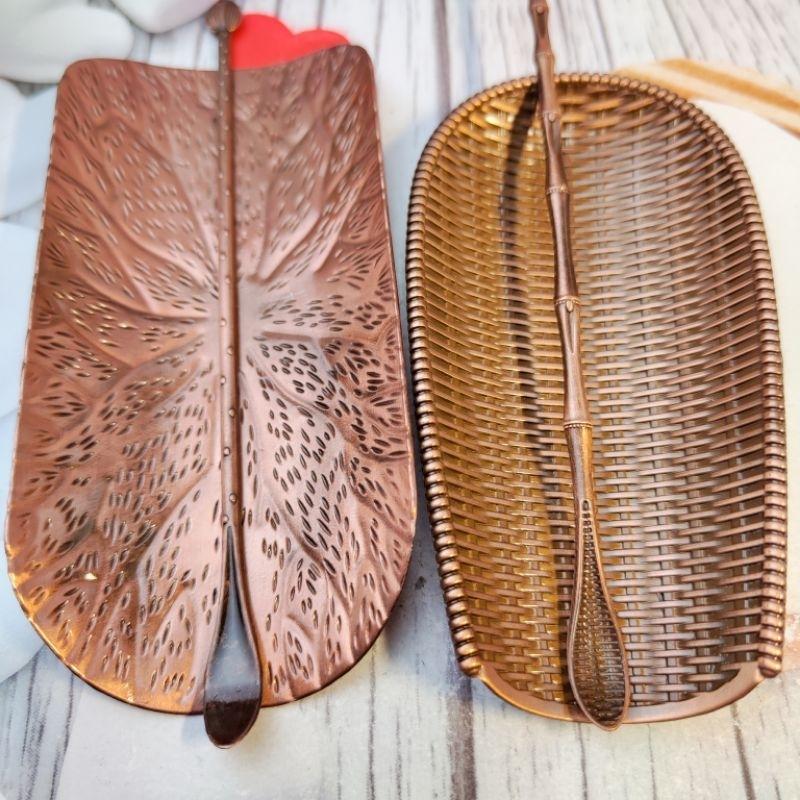 🍵銅合金茶則🍵銅合金茶則两件套 賞茶荷茶勺茶鏟 茶道配件 功夫茶具 投茶碟【92jade】茶具配件 畚箕及荷葉二款可選-細節圖9