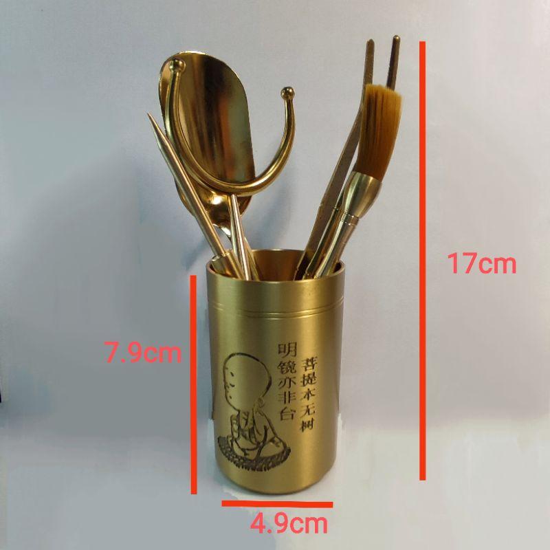 🍵台灣現貨特惠 茶道具🍵黃銅茶道六君子拉絲拋光茶具配件6件套 茶針/茶夾/茶勺/茶叉/茶筆/銅罐 泡茶 茶具 養壺工具-細節圖9