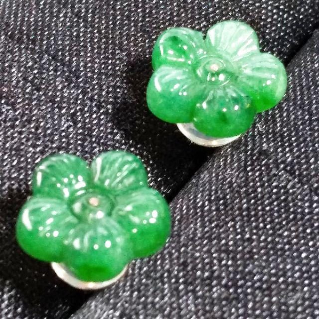 💞花開富貴💞天然緬甸A貨翡翠-辣綠 精雕 小花 鑲18K金 金飾耳釘/耳針 現貨特價 附證書【92jade 遇見善緣】-細節圖2