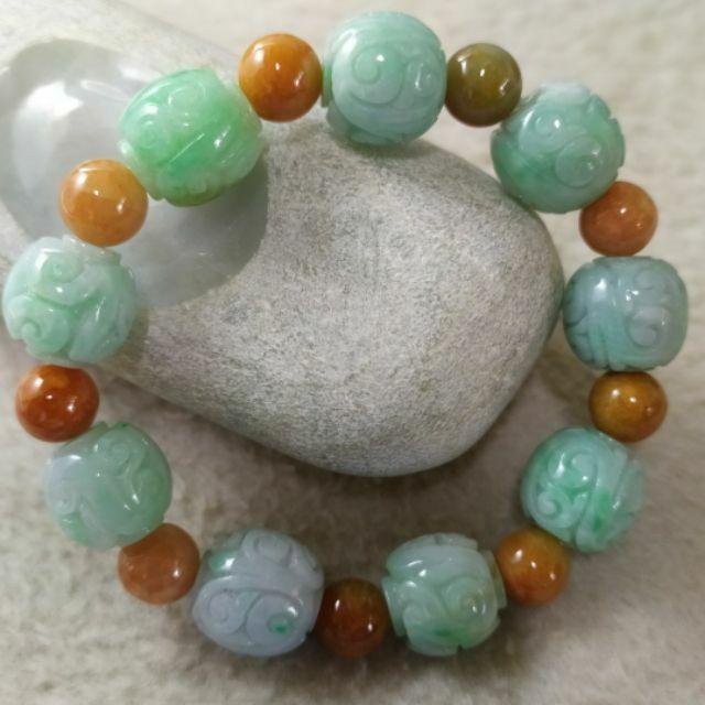 📿雕花珠手串📿天然緬甸玉 A貨 翡翠 飄綠花 雕花珠+黃翡 圓珠 手串 手鍊 手珠 珠鍊 串珠 現貨特價【92jade】-細節圖2