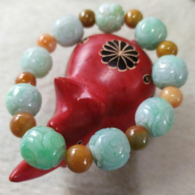 📿雕花珠手串📿天然緬甸玉 A貨 翡翠 飄綠花 雕花珠+黃翡 圓珠 手串 手鍊 手珠 珠鍊 串珠 現貨特價【92jade】-細節圖3