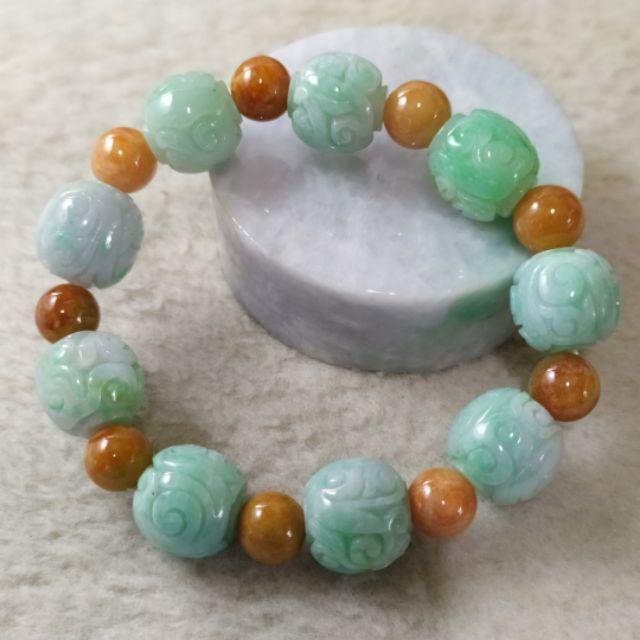📿雕花珠手串📿天然緬甸玉 A貨 翡翠 飄綠花 雕花珠+黃翡 圓珠 手串 手鍊 手珠 珠鍊 串珠 現貨特價【92jade】-細節圖5