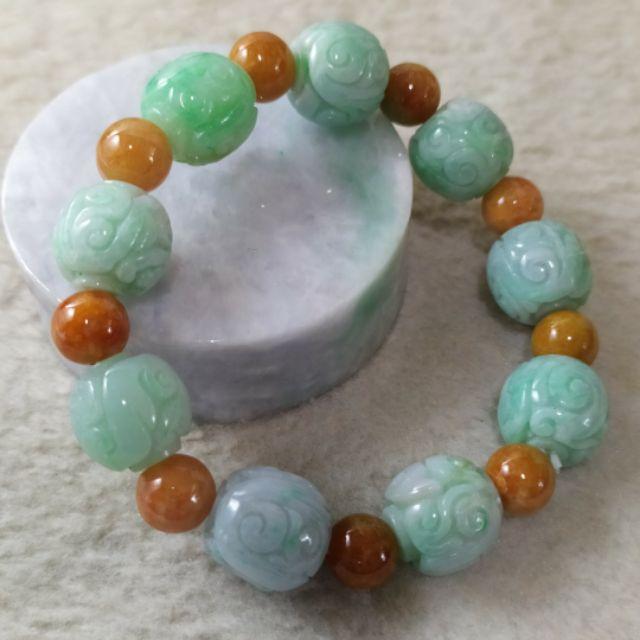 📿雕花珠手串📿天然緬甸玉 A貨 翡翠 飄綠花 雕花珠+黃翡 圓珠 手串 手鍊 手珠 珠鍊 串珠 現貨特價【92jade】-細節圖6