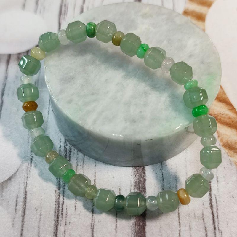 📿六菱珠📿天然緬甸玉 A貨翡翠-6mm冰晴六菱形珠+三彩算盤珠 手珠/手鍊/手串 現貨特價【92jade 遇見善緣】-細節圖4