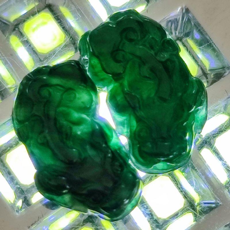 💍招財納福💍天然瓜地馬拉玉 A貨 翡翠-冰辣綠 精雕 小貔貅 一對 現貨特價【92jade】diy設計飾品配件 玉貔貅-細節圖2