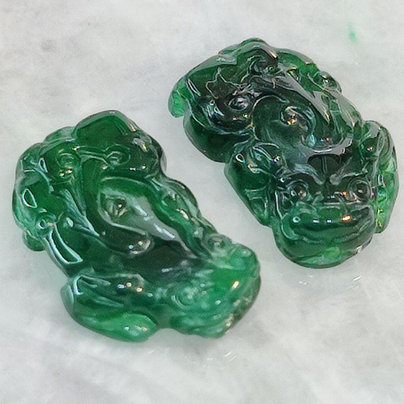 💍招財納福💍天然瓜地馬拉玉 A貨 翡翠-冰辣綠 精雕 小貔貅 一對 現貨特價【92jade】diy設計飾品配件 玉貔貅-細節圖3