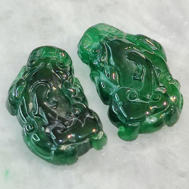 💍招財納福💍天然瓜地馬拉玉 A貨 翡翠-冰辣綠 精雕 小貔貅 一對 現貨特價【92jade】diy設計飾品配件 玉貔貅-細節圖4
