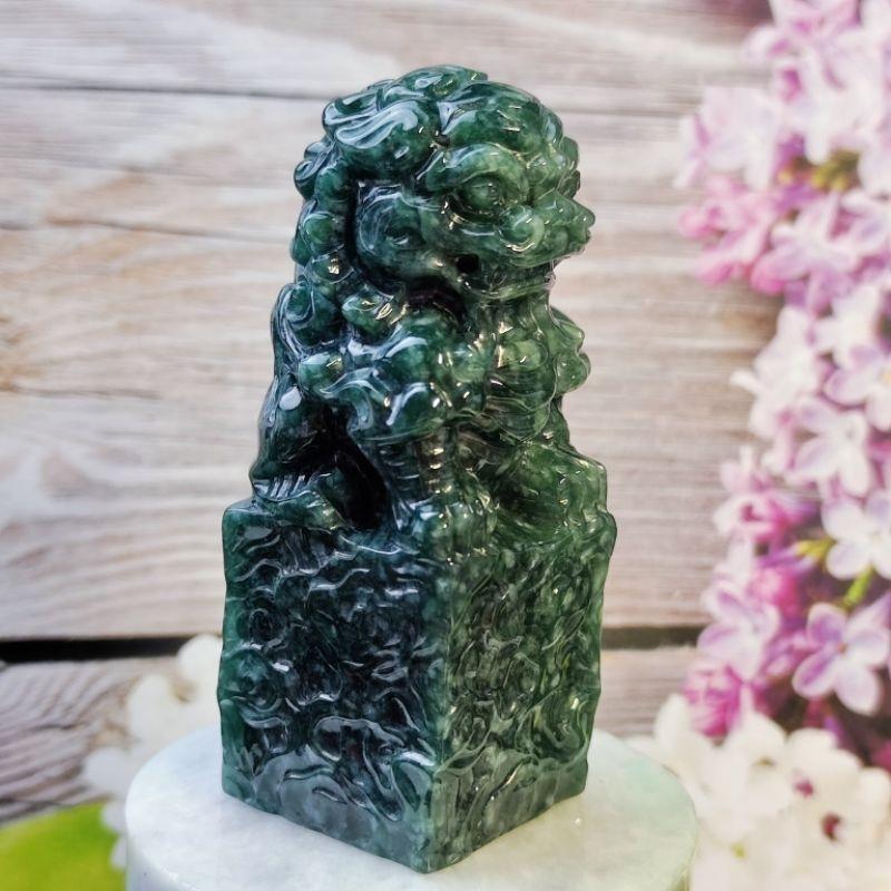 🦁避邪納吉🦁天然A貨翡翠 藍水 立體精雕 玉獅  印章/印材 小擺件 現貨特價【92jade 就愛翡翠】翡翠獅子印章擺件-細節圖3