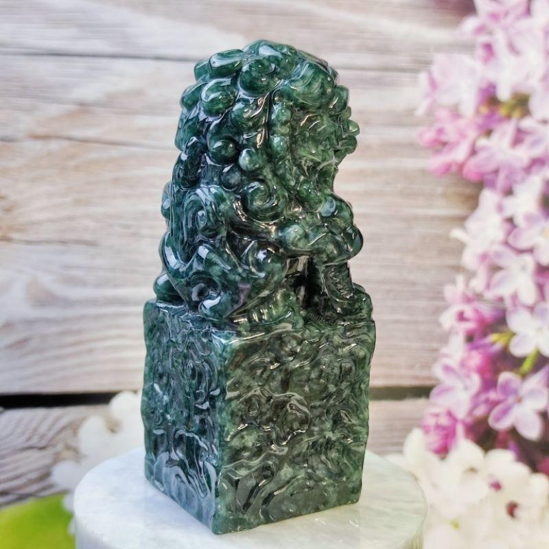🦁避邪納吉🦁天然A貨翡翠 藍水 立體精雕 玉獅  印章/印材 小擺件 現貨特價【92jade 就愛翡翠】翡翠獅子印章擺件-細節圖4