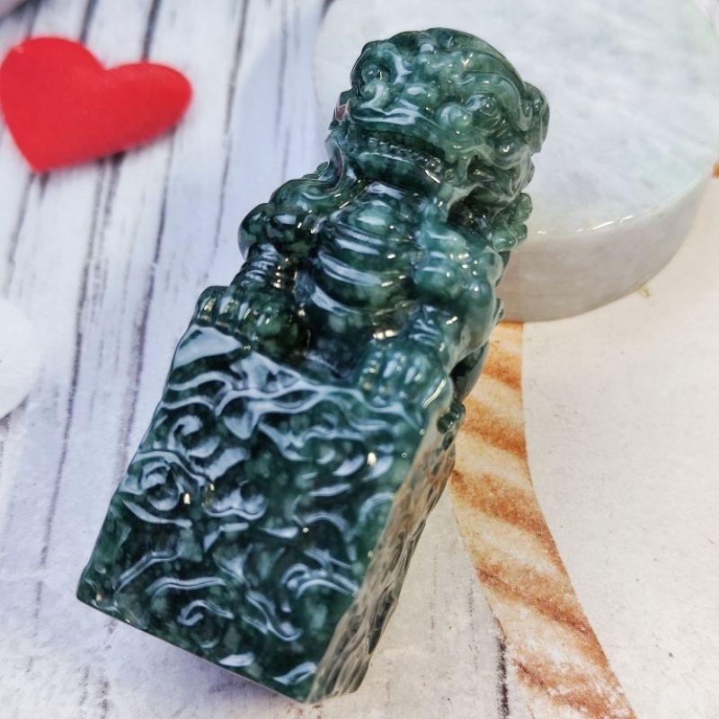 🦁避邪納吉🦁天然A貨翡翠 藍水 立體精雕 玉獅  印章/印材 小擺件 現貨特價【92jade 就愛翡翠】翡翠獅子印章擺件-細節圖6