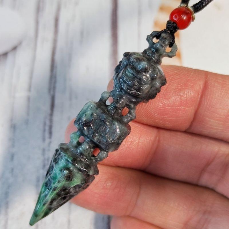 🏔️不生不滅🏔️天然緬甸玉A貨翡翠-烏雞 立體精雕 法器 金剛杵/降魔杵 現貨特價【92jade 遇見善緣】烏雞翡翠-細節圖6