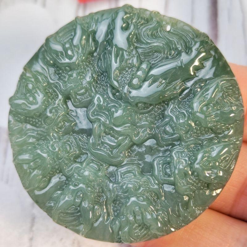 🐉九龍至尊🐉天然玉 A貨翡翠-冰油青 鐲心 雙面精雕 九龍牌 現貨特價【92jade 遇見善緣】翡翠九龍 龍玉牌玉珮玉墬-細節圖2