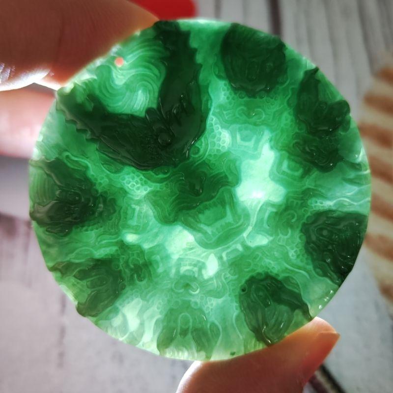 🐉九龍至尊🐉天然玉 A貨翡翠-冰油青 鐲心 雙面精雕 九龍牌 現貨特價【92jade 遇見善緣】翡翠九龍 龍玉牌玉珮玉墬-細節圖3