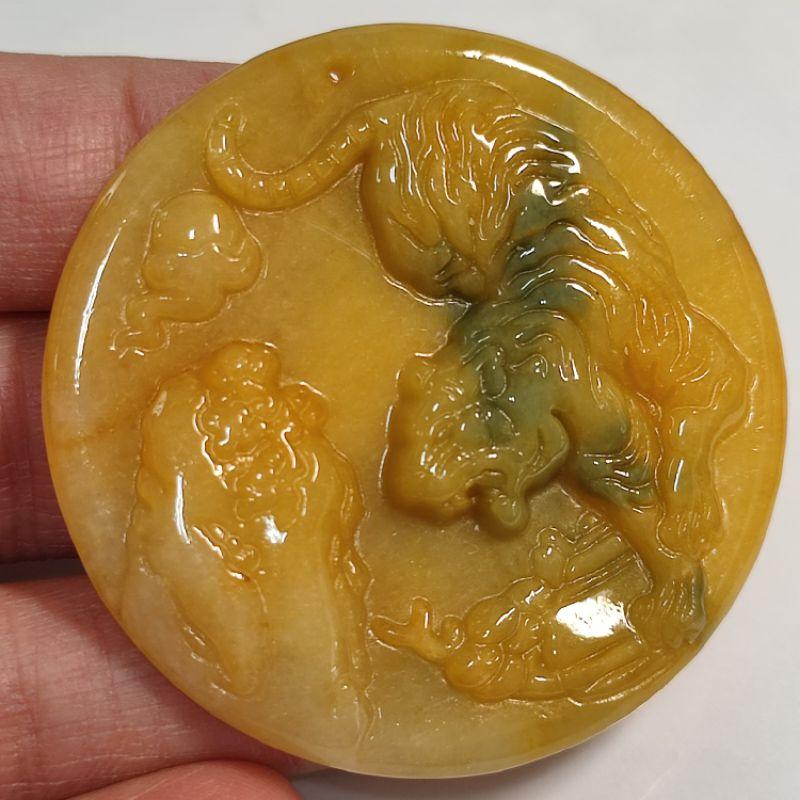🐯驅邪納吉🐯天然緬甸玉A貨翡翠-黃翡 精雕 下山 虎 玉牌玉墬吊墬掛件 附證書 現貨特價【92jade 遇見善緣】-細節圖3